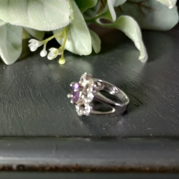 Amethyst Cocktail Ring Sterling Silver Heart Cluster CZ Floral Wedding Ring SZ 6